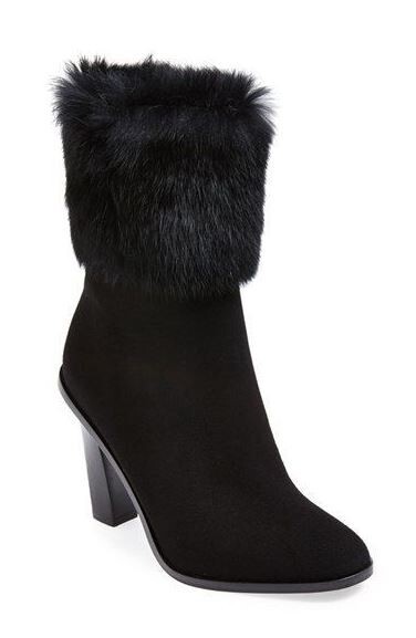 Via Spiga Women's Maddyn Genuine Rabbit Fur Trim Suede Ankle Boot