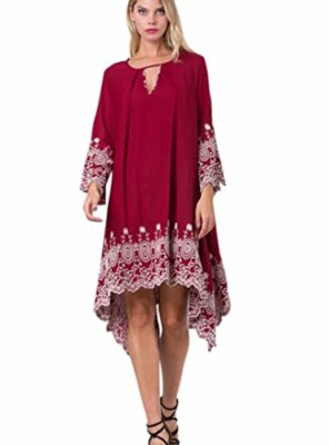 Burgundy Embroidered Lace Rayon A Line Dress 3/4 Sleeve Asymmetric Hem S M L | eBay Burgundy Embroidered Lace Rayon A Line Dress 3/4 Sleeve Asymmetric Hem S M L | eBay