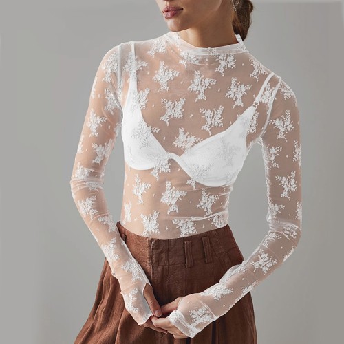 Mesh Long Sleeve Layering Top For Women Mock Neck Floral Embroidery Sheer See - Picture 15 of 36