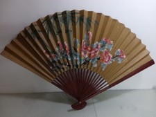 Vintage Hand Crafted Asian Wall Fan 37  Hanging Art Blue Pink Flowers 