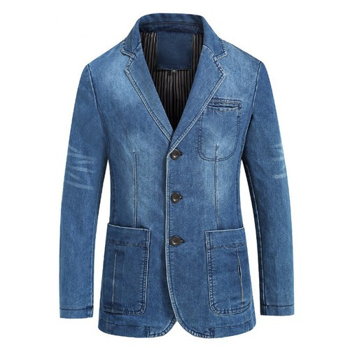 Giacca Blazer Slim In Denim A Revers Singolo Con Tasche - Foto 13 di 14