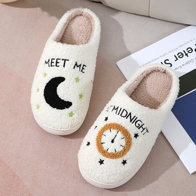 Moon Clock Slippers Soft Plush Fuzzy Slippers Slip-on Indoor Outdoor Slippers