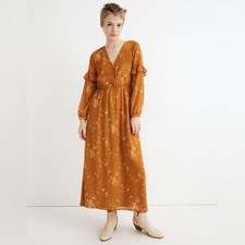 Madewell Ruffle-Sleeve Button-Front Dress – Tonal Botanical Rich Amber – Size 2