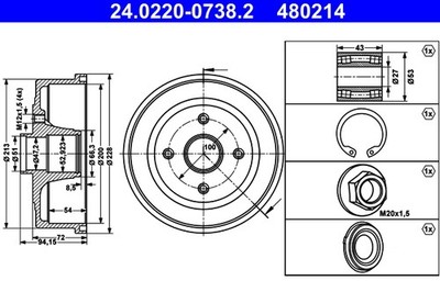 2X 24.0220-0738.2 ATE Brake Drums for Opel, Vauxhall