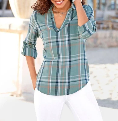 Damen Flanell Bluse Oberteil Langarm V-Ausschnitt blau jade Gr. 40 Neu - Bild 1 von 2