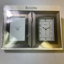 Bulova Hinged Picture Frame Clock 13x9 Brushed Nickel   4x6 Picture Frame NIB