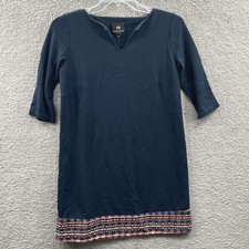 Women Navy Knit Shift Dress Medium 3/4 Sleeve Casual Office Trim Hem Classic