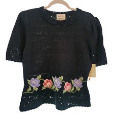 Vintage Susan Bristol Cottagecore Sweater Top 38 Black Hand Embroidered Prairie