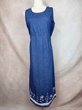 Vintage Denim Jumper Dress Floral Embroidered Size Medium 100 Cotton Midi
