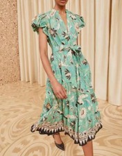 Women Ulla Johnson Cotton V-neck Puff Sleeve A-line Midi Dress