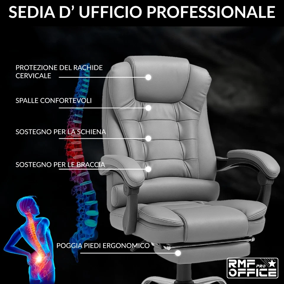 Sedia Da Ufficio Grigia Ergonomica con Supporto Lombare e Altezza Regolabile Pro - Bild 4 von 4