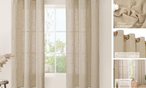 Linen Curtains 63 inches Long for Bedroom, Bronze Grommet Linen Drapes Light