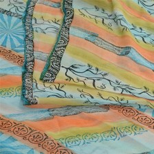 Sanskriti Vintage Sarees Pure Georgette Silk Peach/Blue Print Sari Craft Fabric