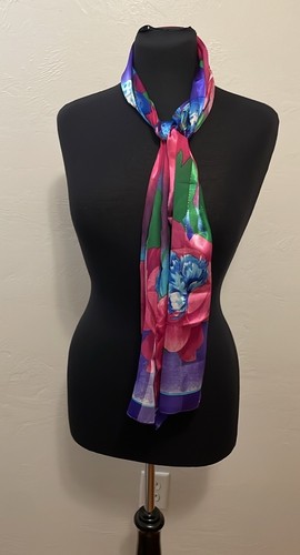Silk Blend Vibrant Floral Pattern 58” x 12” Scarf. - Picture 3 of 7