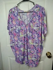 Be Stage Woman L Blouse V Neck Floral SS Pullover Lightweight Casual