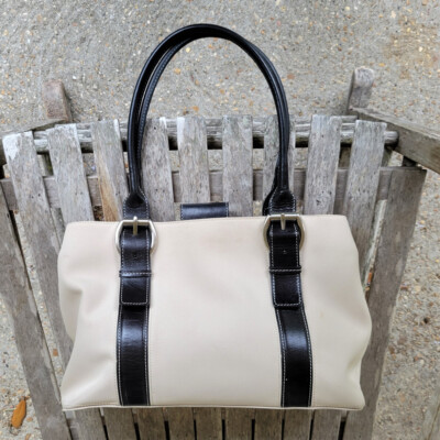 ANTONIO MELANI Ivory Canvas Black leather Shoulder Bag