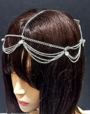 Silver Crystal Rhinestone Statement Multi Layer Chain Metal Head Hair Chain