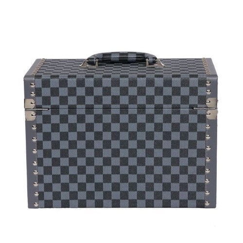 Large Storage Trunk Checkered Navy Grey Vanity Case Faux Leather Travel Chest - Picture 5 of 6