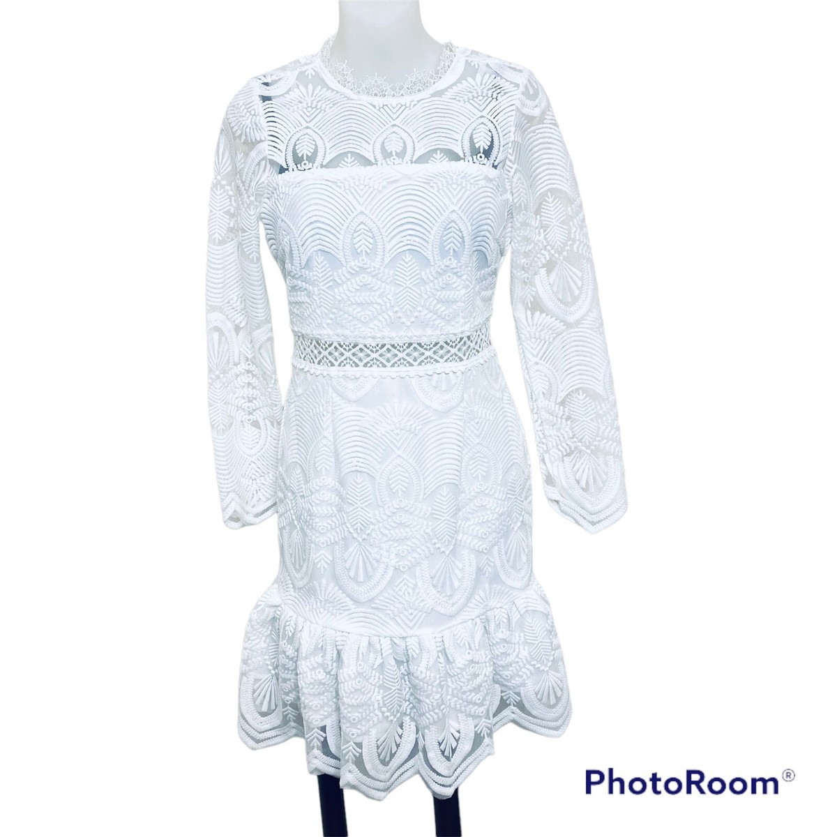 Xenia Boutique Dress Sz 2 High Lace Collar Long Sleeve Ruffled Hem  Embroidery