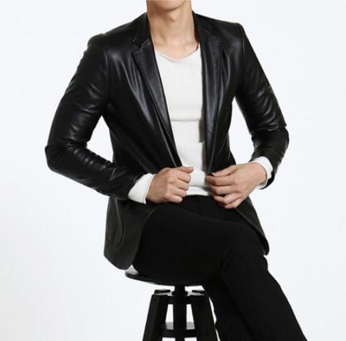 New Men's Lambskin Authentic Leather Blazer Coat Jacket Soft BUTTON Black Coat - Picture 4 of 6