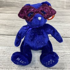 Beanie Babies Original TY Mardi Gras 2005 Small Blue Party Teddy Bear w/ Mask