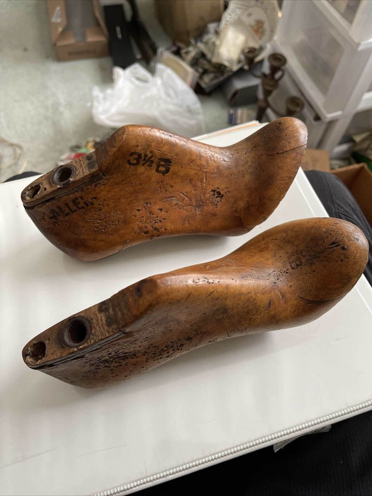 Pair Antique Shoe Lasts Wooden Forms. The Name Allen Is On Them.