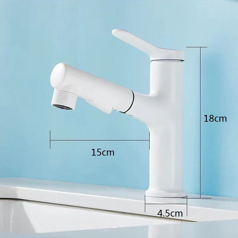 Sink Basin Tap Pull Out Taps White Faucet 360° Rotatable Alloy Bathroom Faucet - Image 2 of 4