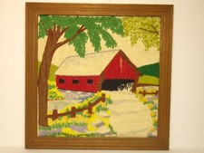 Vintage 1970's Framed Crewel Of A Covered Bridge