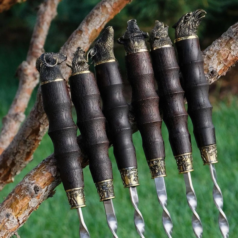 Premium handmade skewers set bronze animal heads decoration grill barbecue BBQ - Image 2 of 4