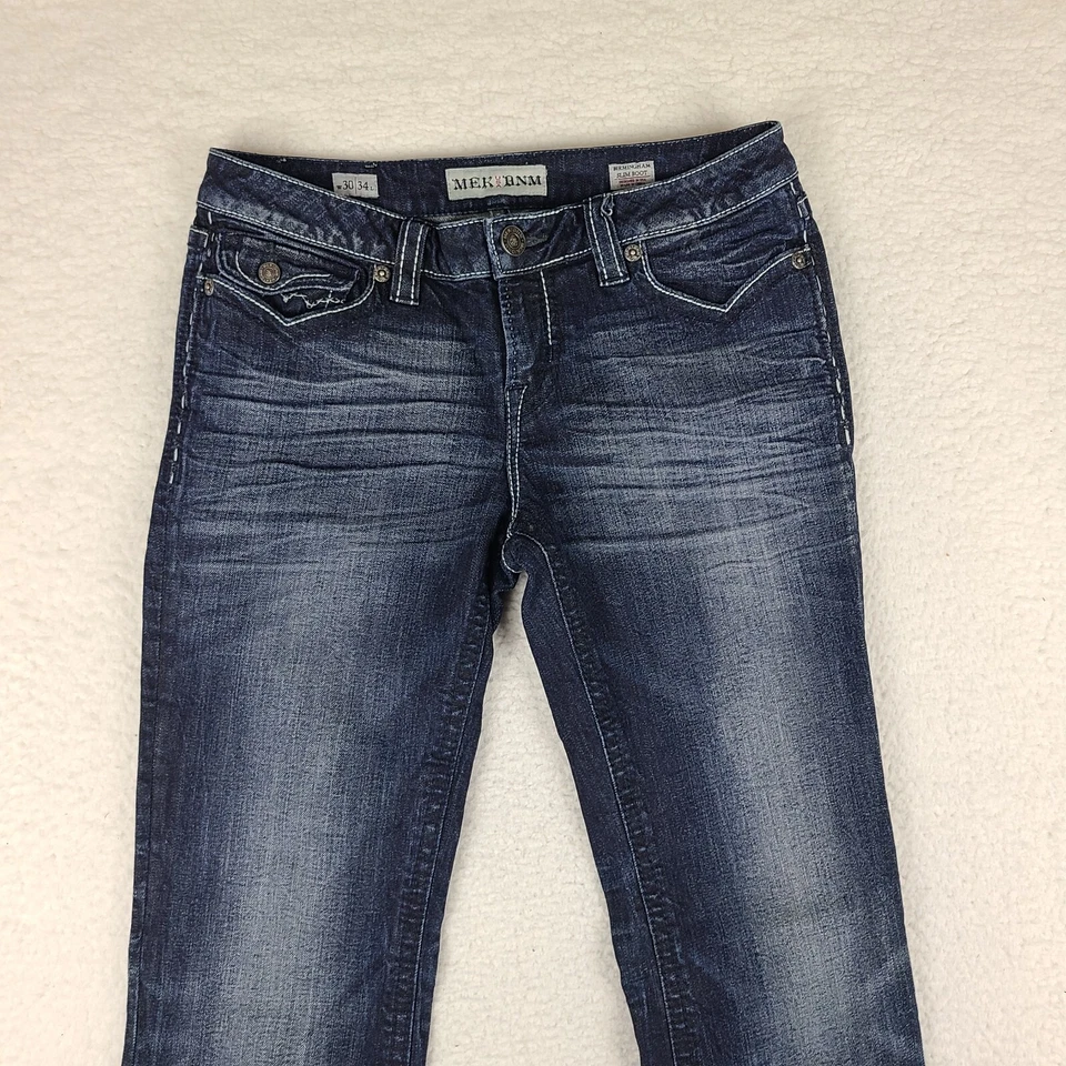 Pantalones de mezclilla MEK para mujer 30x34 azul Birmingham ajustados corte bota lavado oscuro Foto 2 de 4