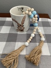 NEW Spring Theme Wood Bead Garland 33" White, Blue  Natural Beads Jute Tassels