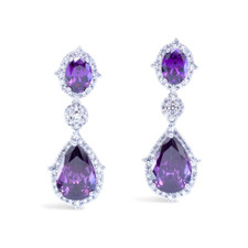 Rhodium Plated with Amethyst Purple Cubic Zirconia Drop Stud Earrings