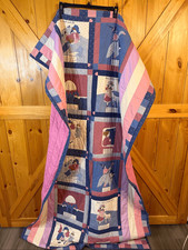 Vintage Handmade Nursery Rhyme Baby Quilt Pink White Blue 45.5  x78  READ 6348 