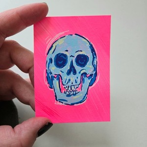 ACEO Original Art Neon Pink and Blue Bone Skull 3 by Andra Marie Art