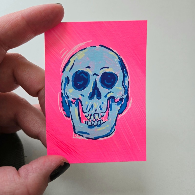 ACEO Original Art Neon Pink and Blue Bone Skull 3 by Andra Marie Art