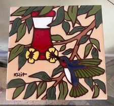 Earthtones Hummingbirds & Feeder Southwest  Tile Trivet Arizona 1990 Krit. 6"x6"