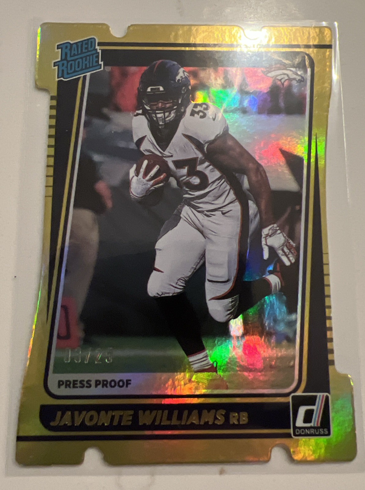 Javonte Williams 2021 Donruss	Gold Press Proof Die Cut  Rated rookie /25	 #275