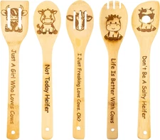5PCS Cow Wooden Cooking Spoons Set Cow Gifts for Women Cow Kitchen Decor Bamboo 