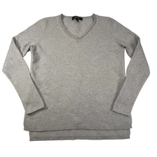 Saks Fifth Avenue 100% Cashmere Sweater Womens L Grey V Neck Soft Cozy