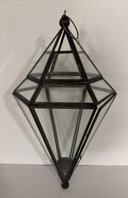 Large Vtg  Glass Metal Hanging Terrarium Candle Holder Christmas Geometric 8x16 