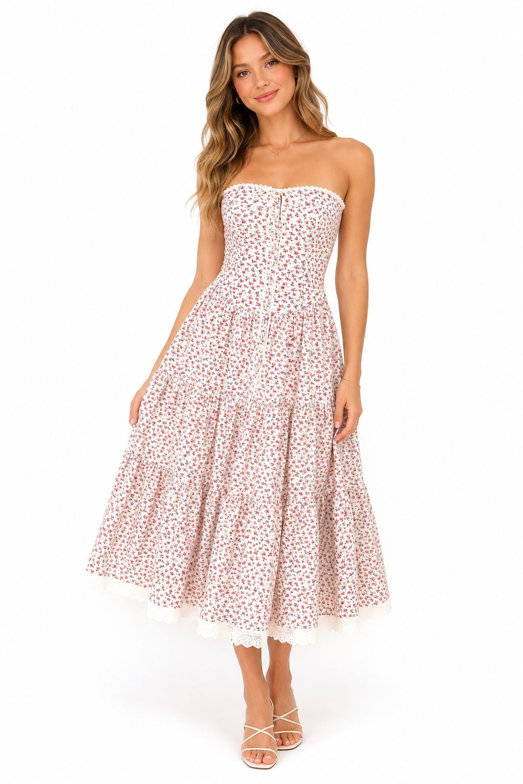 betsy johnson Womens Floral Strapless Midi Dress Corser Bodice Cotton Size 4