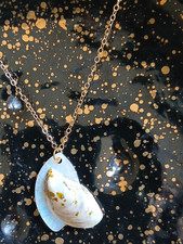 lake michigan zebra mussel Shell Pendant Necklace, Golden stainless steel Chain