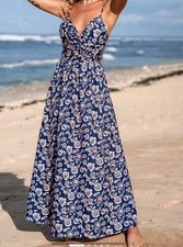 NWT Cupshe Women Blue Color Cream Floral Pattern Tie Back Dress Size Large