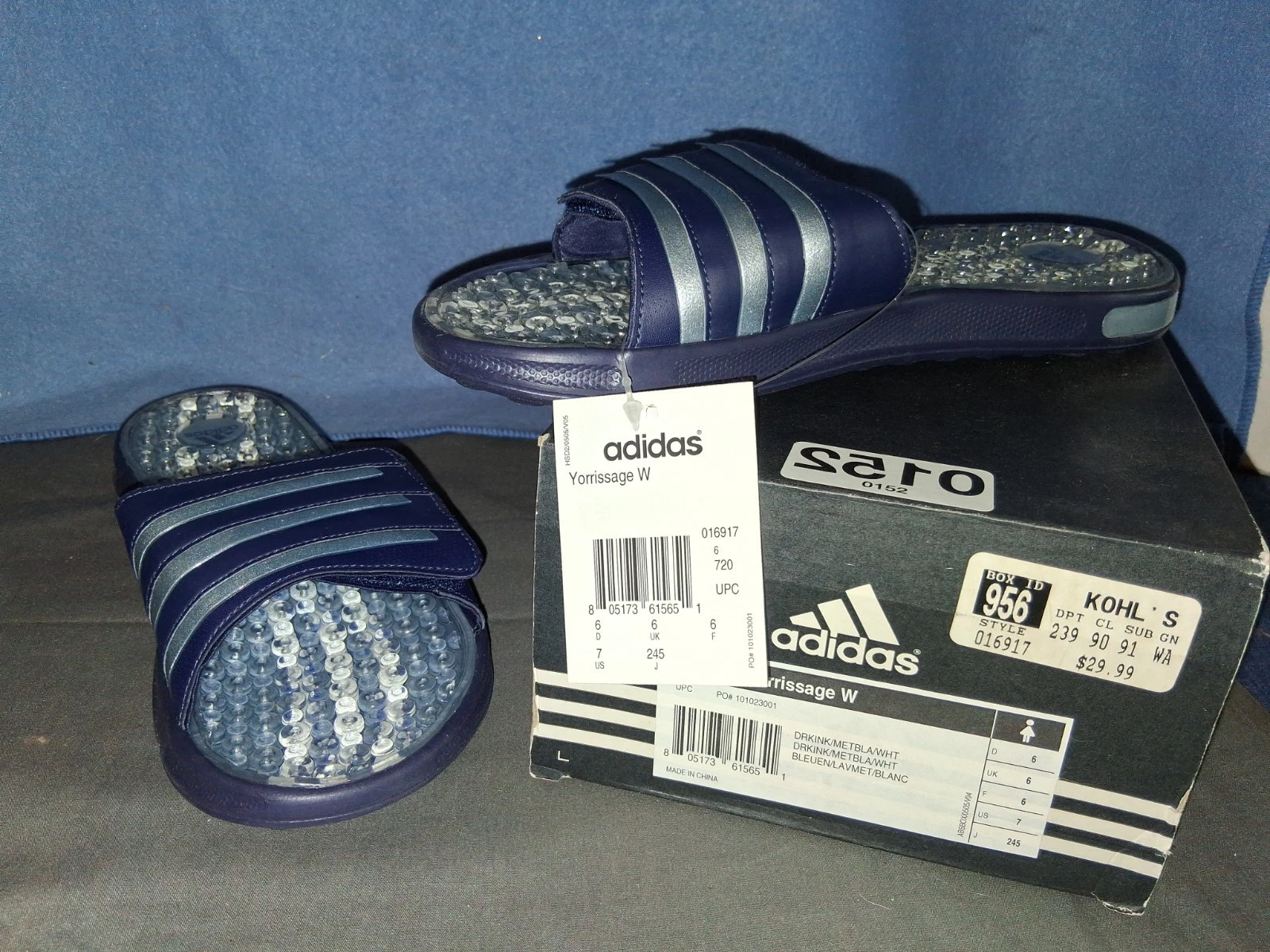 Sandalo donna Adidas blu slide taglia 7 regolabile a righe grigie nuovo con etichetta e scatola