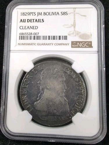 1829PTS JM Bolivia Silver 8 Soles NGC AU Details 5550