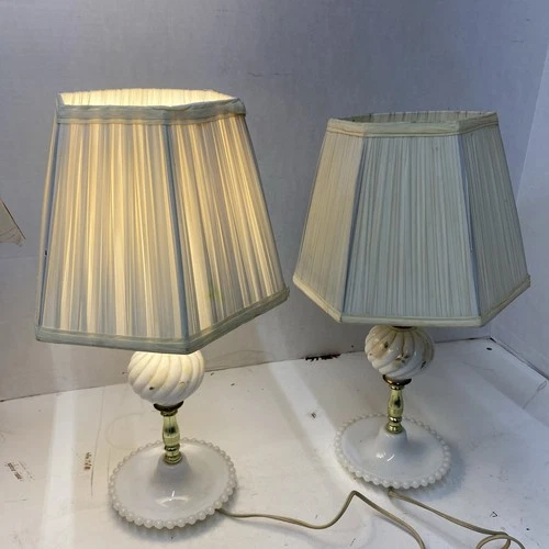 Set Of 2 Vintage Milk Glass Swirl Boudoir Table Lamp 12”
