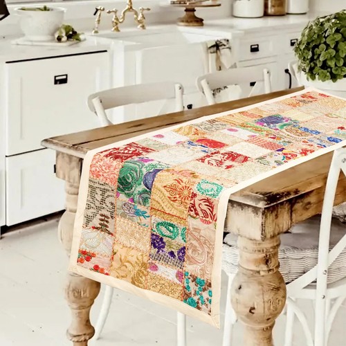 Indian Cotton Patchwork Table Runner Embroidered Dining Beige Table Tapestry - Picture 4 of 4