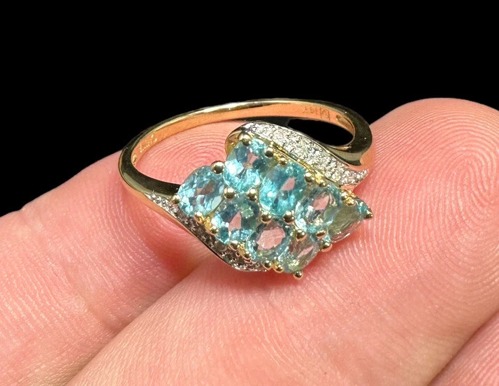 Anillo Michelle Albala 14k Topacio Azul Cielo Punta Y Pavé Diamante Talla 10 Firmado Foto 4 de 4