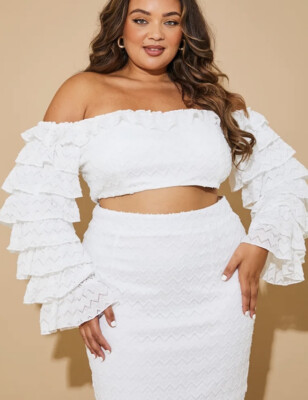 IN THE STYLE Crop Top Gr. 18 Creme Chevron Spitze Stufen Rüschenärmel NEU MW69