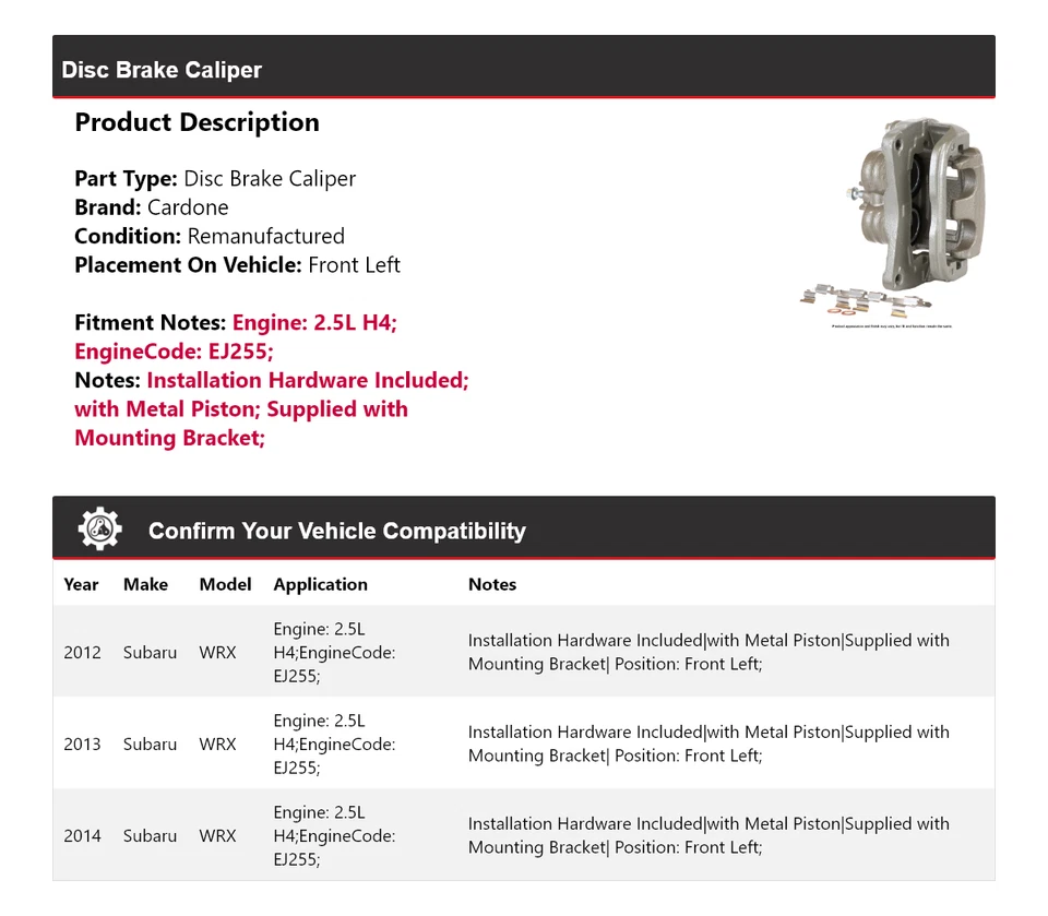 Pinza de freno de disco delantera izquierda Cardone 2013 para Subaru WRX 2,5 L H4 2012-2014 Foto 2 de 4